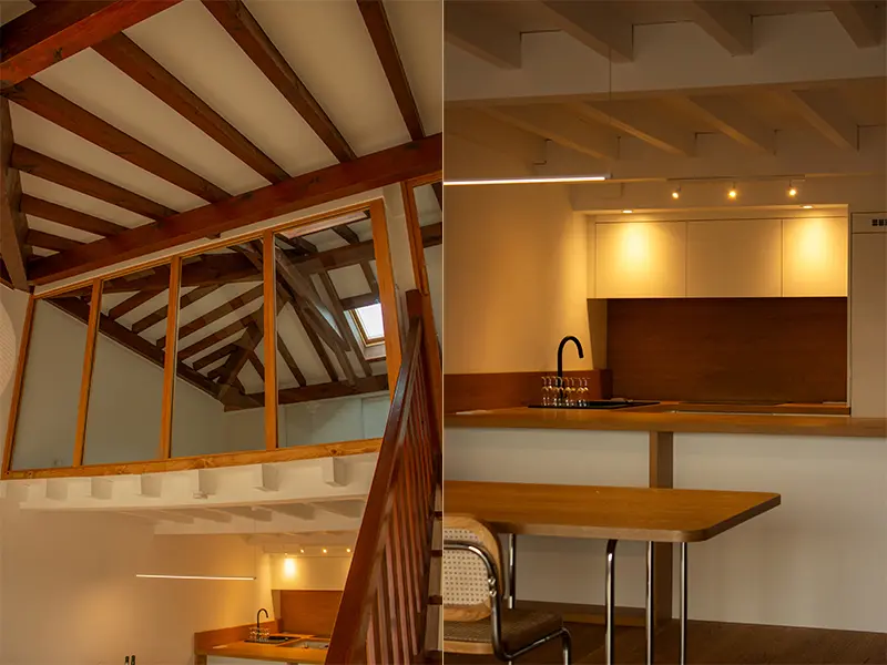 Agencement sur mesure à Bidart : Une cuisine et une verrière en bois pour un intérieur lumineux et fonctionnel